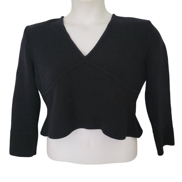 St John Basics L Black Ribbed V Neck Cropped Sweater Top USA - Picture 1 of 6